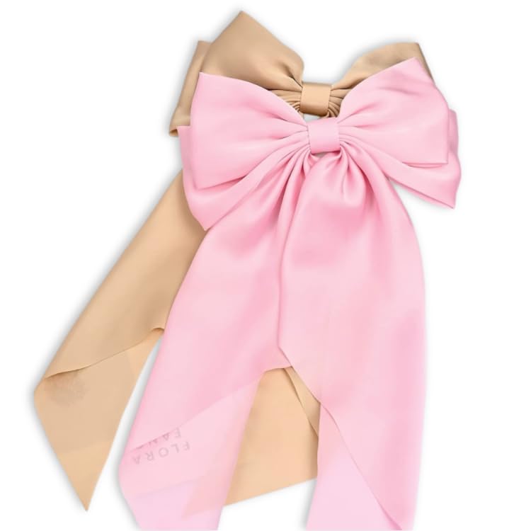 Image of FilterFashion Big Satin Layered Hair Bows for Women Girls 11.5 Inch Barrette Hair Clip Long Back Ribbon Bows French Style Hair Accessories (Gold,BabyPink)