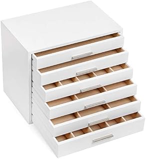 SONGMICS JOW13WT szkatułka na biżuterię z materiału drewnopochodnego, szkatułka na biżuterię z 6 szufladkami, szkatułka na biżuterię, idealna na łańcuszki, kolczyki, okulary bransoletki,