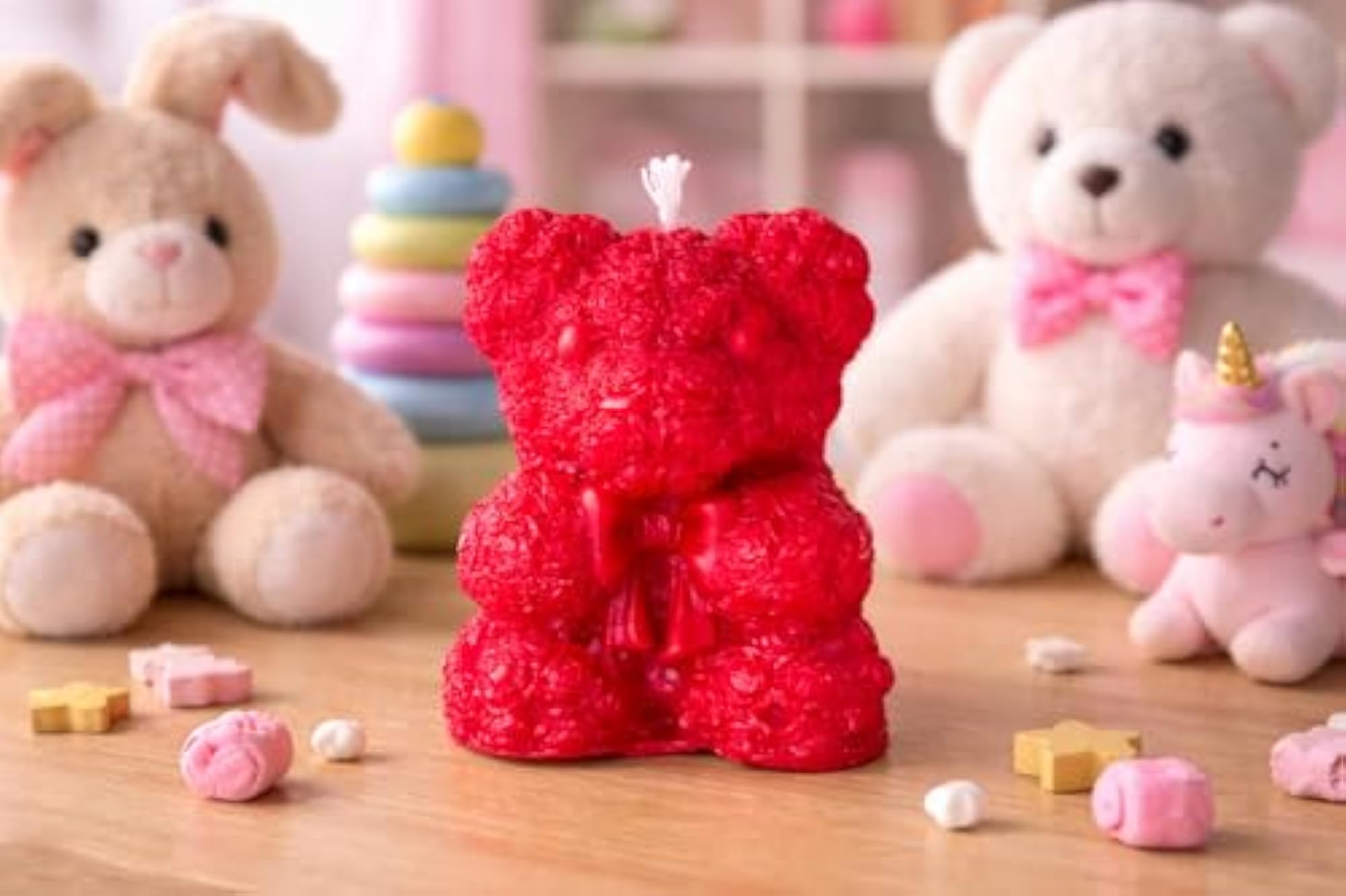Red Teddy Bear Candle with Bow, Decorative