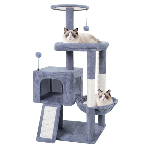 TWDEPART 37.5" All-in-One Cat Tree Tower with Scratching Board & Posts Cozy Sleeping Perch Hammock and Toy Balls,Grey - Image 4