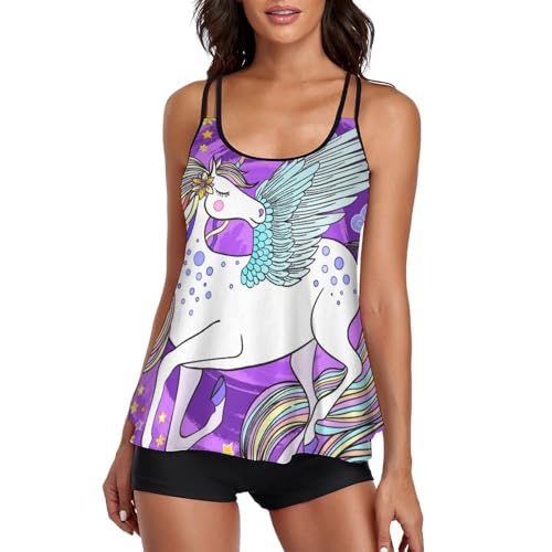 Maillot de bain tankini licorne femme ensemble trois pièces imprimé original et short
