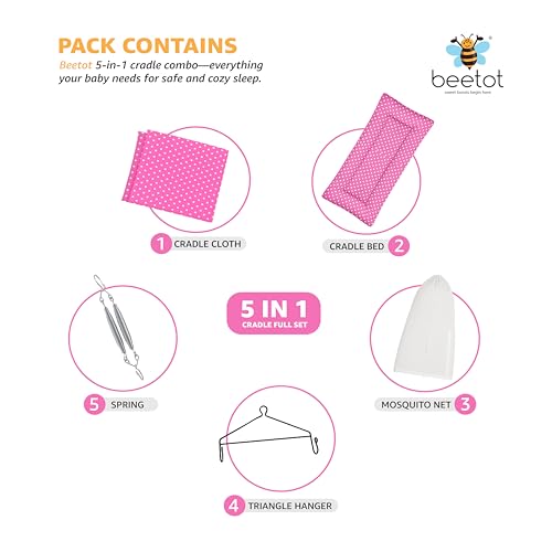 Image of beetot Baby Swing Cradle (Jhula) for Newborns - Cloth Cradle with Removable Mattress, Mosquito Net, Spring & Triangle Hanger | Up to 15 kg | (Dark Pink Dot)