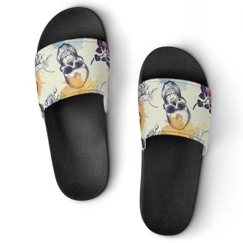 Sandales chaussons de maison slide pour femme, claquettes crâne aquarelle de bain confort