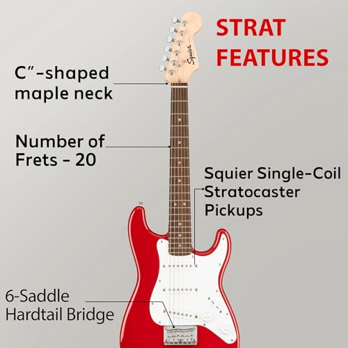 Image of Fender Squier 3 /4-Size Kids Mini Strat Electric Guitar - Red Bundle with Amplifier, Instrument Cable, Tuner, Strap, Picks, and Austin Bazaar Instructional DVD