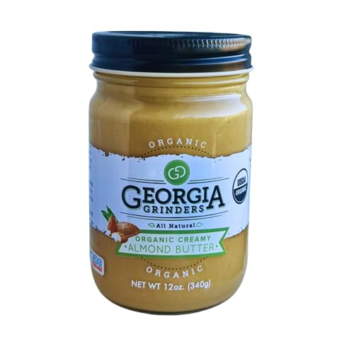Image of Georgia Grinders Organic Almond Creamy and Blanched Gourmet Nut Butter Spread, Whole30 Approved, Non-GMO, Gluten Free, No Palm Oil, No Added Sugar, and Vegan Friendly, 12 Ounce (1 Pack)