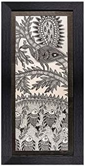 Madhubani Painting-Traditional Framed Wall Art and Living Room Décor with Unbreakable Acrylic Glass- Handmade Painting on Pure Silk from the Times of Ramayana by Artisans from Rustic India-10"x20"