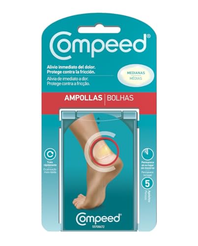 Compeed Ampollas Medianas, Apósitos Hidrocoloides Pies, Pack 5 uds | Protección acolchada impermeable, contra rozaduras, alivia dolor, curación rápida, discreto