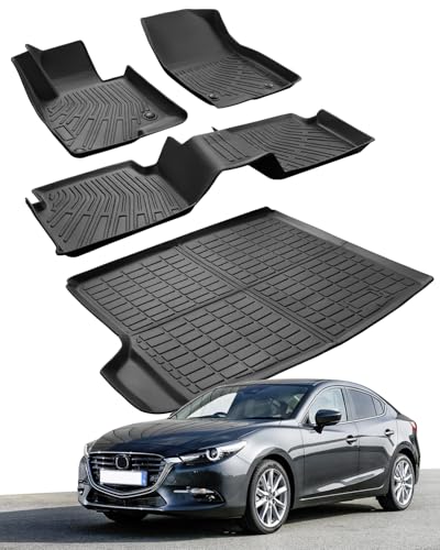 Car Trunk Liner & Floor Mats for Mazda 3 Sedan (Not for Hatchback): 2014 2015 2016 2017 2018 All Weather Protection TPE Floor Liners 1st & 2nd Row +Trunk Mat Full Set Black Interior Accessories (4PCS)