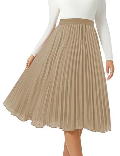 Women's Midi Skirt Elastic High Waist Pleated Skirt Knee Length Swing A-Line Casual Flowy Skirts 2025 Khaki,S Women's Midi Skirt Elastic High Waist Pleated Skirt Knee Length Swing A-Line Casual Flowy Skirts 2025 Khaki,S
