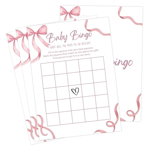 Pink Bow Baby Shower Games, Pink Baby Bingo Game for 30 Guests with Game Cards, Gender Reveal, Baby Shower Supplies & Decorations (DV05)