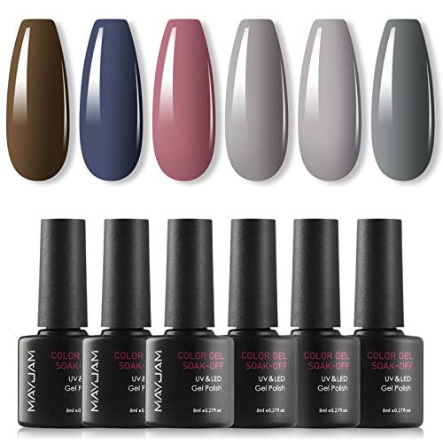 MAYJAM 6PCS Gel Nail Polish Set - 8ML Light Blue Brown Gray Colors Gel Polish Kit - Perfect for Autumn and Winter Nail Art Manicure Kit