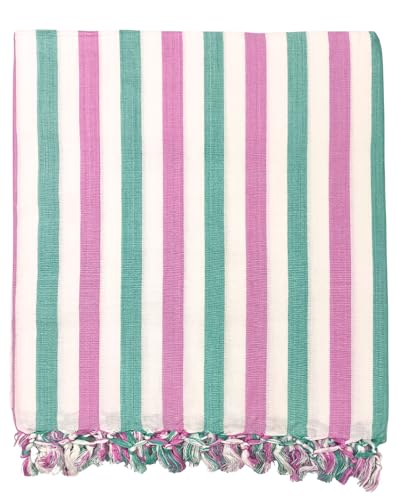 Image of Arvore Bunkaar Pure Handloom 100% Soft Desi Bamboo Viscose Soft Bhagalpuri Andi Chadar /Summer Blanket /Khes /Top Sheet /AC Blanket /Odhne wali Chadar (Pink White Green, Striped, 1, Bhagalpuri Chadar)