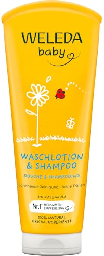 WELEDA Bio Calendula Baby Waschlotion & Shampoo - veganes Naturkosmetik Duschgel zur Hautpflege / Haarpflege bei Neugeborenen. Babypflege Dusche für empfindliche Haut, mild zu den Augen (1x 200ml)