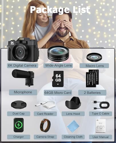 FLATIC Cameras for Photography, 6K 64MP Digital Camera with WiFi & Microphone for Youtuber, 16X Zoom Vlogging Camera with 180&deg;Flip Screen, 64GB Card, 2 Batteries, Macro & Wide-Angle Lens, Card Reader