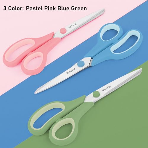 Image of iBayam 8.5 inch Pastel Scissors All Purpose Heavy Duty 3Pack, 2.5mm Sharp Blade | Soft Comfort-grip | Left /Right Handed | Cuts cardboard, fabric, vinyl & leather | office, classroom, school & craft desk