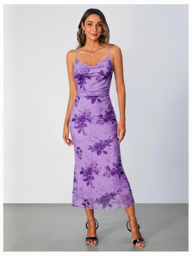 Image of SOLY HUX Women's Floral Mesh Bodycon Cami Dress Cowl Neck Sleeveless Cocktail Party Wedding Guest Long Maxi Dresses