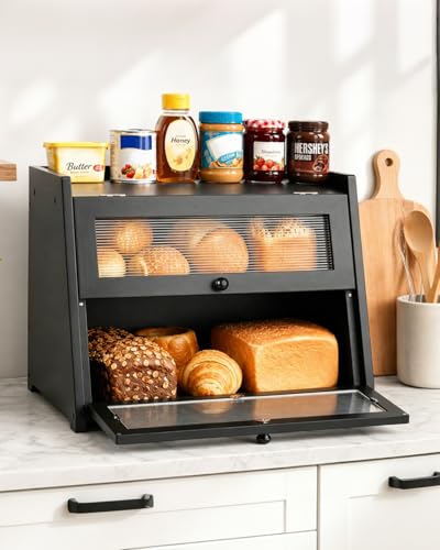 Bread Box for Kitchen Countertop,Double Layer Bread Storage,Black | Wooden Bread Storage Container for Homemade Bread,Counter Organizers and Storage for Fruits,Spices,Bread