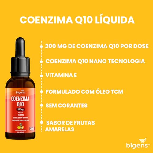 Coenzima Q10 200mg com Vitamina E e Óleo TCM, Sabor Frutas Amarelas, Zero Açúcares, Unidade 30ml Big