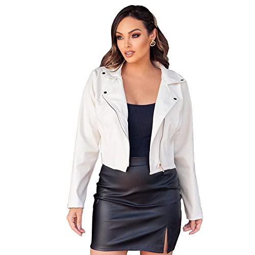Jaqueta Couro Ecológico Feminina Branca Blusa de Frio Estilosa Donna Martins Cor:Branco;Tamanho:P