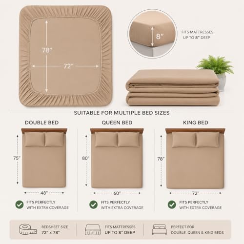 Image of Blue Strip Fitted Bedsheet with 2 Pillow Covers, Beige, 72x78 Inch, 360 Elastic, Fits Double, Queen & King Beds up to 8 inch Deep