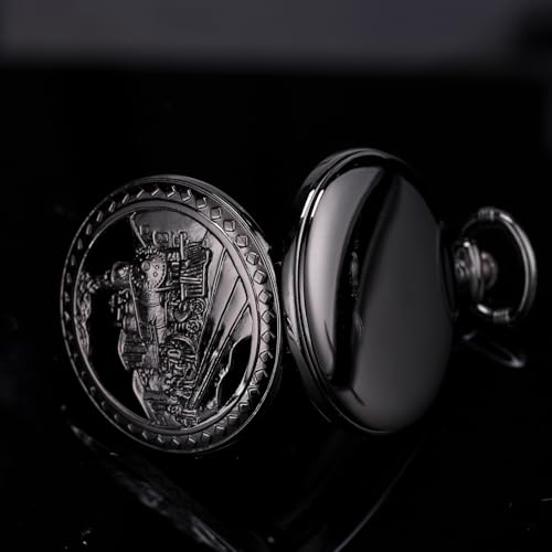Image of SIBOSUN Antique Men Pocket Watch with Chain Oversized 50MM 1.96 Inch 3D Locomotive Steam Train Railroad Hollow + Box