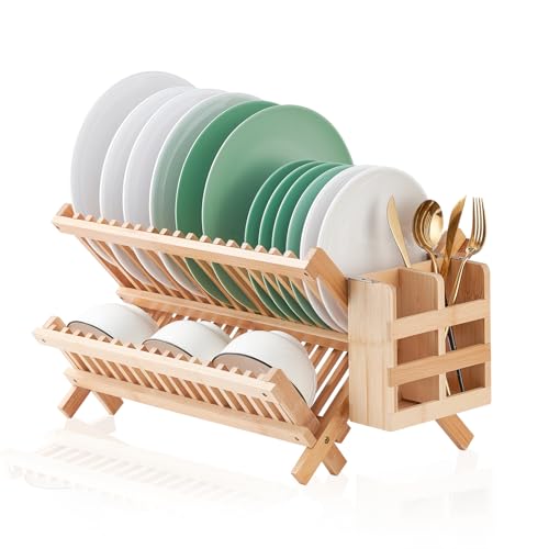 Worthyeah Bamboo Dish Drying Rack, 2 Tier Collapsible Dish Rack
