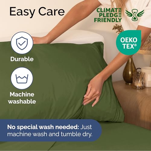 Image of Queen Size 4 Piece Sheet Set - Ultra Soft & Cooling Bed Sheets - Deep Olive | Fits 8 Inch to 16 inch Mattress, Wrinkle Free & Fade Resistant with Deep Pockets, Breathable, Comfy Hotel Luxury Bedding