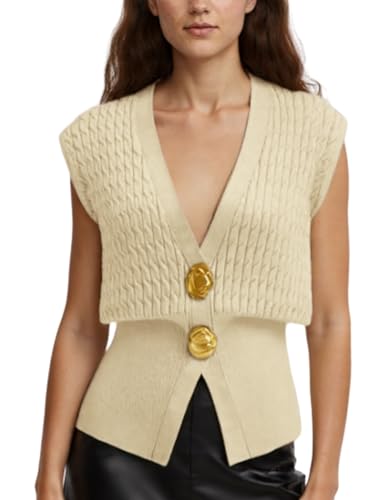 AMEBELLE Vest Tops for Women Cable Knit Sweater Sleeveless V Neck Cardigans Lightweight Knit Pullover Summer Tops(3036-Khaki-S)
