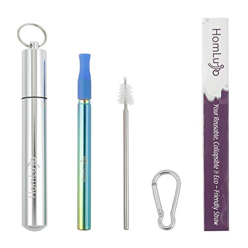 HomLujo Telescopic Rainbow Colored Metal Straws For Drinking -Its Reusable Portable Collapsible Straw of Stainless Steel with Case, Silicone Tip, Cleaning Brush and Keychain