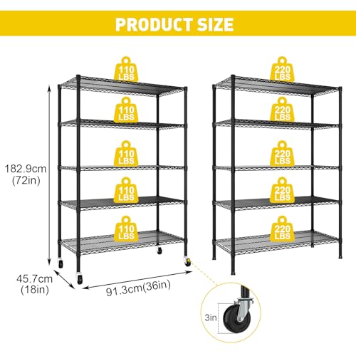 Forthcan Metallregal mit 5 Etagen mit Rollen, verstellbare Regale mit festen Füßen, Industrie-Organizer für Garage und Speisekammer, robuste Aufbewahrungseinheit
