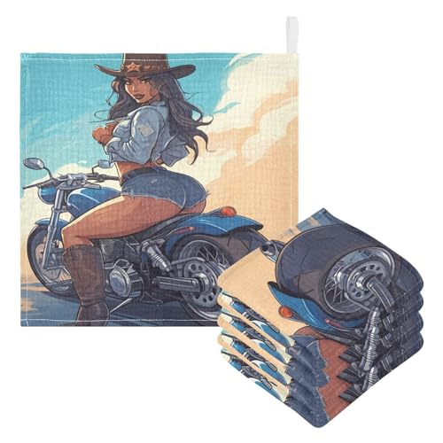Kigai Cowgirl Riding A Motorcycle Baby Washcloths,3pcs Ultra Soft Absorbent Towel,Newborn Bath Face Towel, Natural Reusable Baby Wipes for Sensitive Skin, Baby Registry as Shower