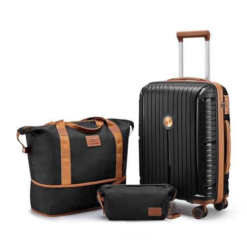 Joyway Kofferset 3 Teilig von PP Hartschalen Trolley Kofferset mit TSA Schloss und 4 Rollen Der Handgepäck Sets Enthält 1 Reisetasche und 1 Kulturbeutel Schwarz