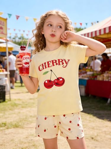 Image of KIDLAGA Girls Two Piece Sets Cherry Pattern Short Sleeve Shirts and Shorts Set With Pockets Girls Summer Outfits Size 7-14