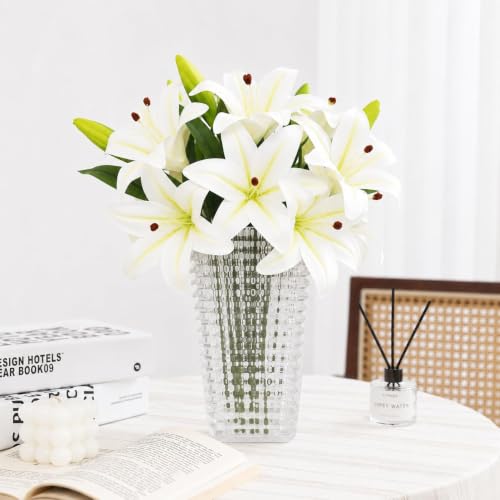 Image of CURATED CART 2 Pcs Lily Artificial Flowers Bunch for Home Decoration - Big Lilys Bouquet for Home Decor - Real Touch Faux Latex Long Stem - Includes 6 Lily Flowers and 10 Half Bloom Buds-White Colour