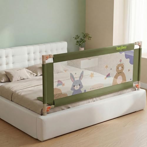 Image of BAYBEE Baby Bed Rail Guard (150x80cm), Bedrail for Baby Safety with 28 Height Adjustable, Portable Bed Side Protector for Babies Falling | Foldable Single Side Bed Railing, 1 Side, (Dark Green)