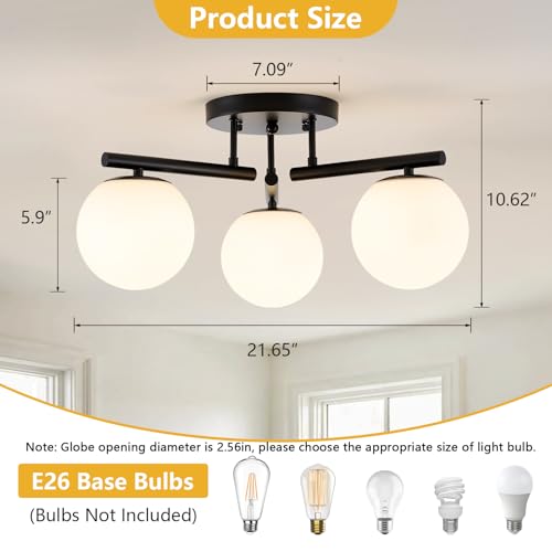 Image of 3 Light Modern Sputnik Semi Flush Mount Ceiling Light, Black Sputnik Ceiling Light Fixture, 21.65 '' Milky Glass Globe Mid Century Modern Ceiling Lights for Bedroom Hallway Living Room