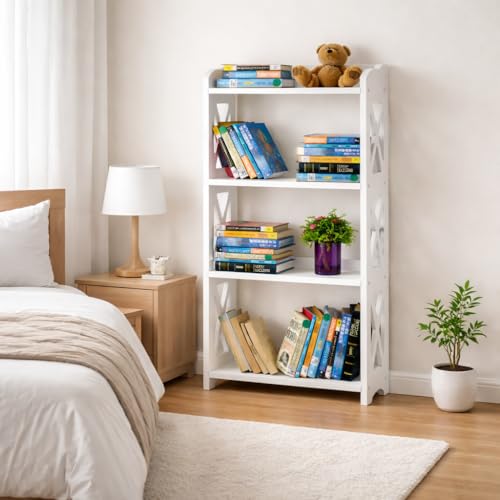 Image of White Bookcase by Natural Wood, 4 Tier Bookshelf, Small Book Shelves Freestanding Display Storage Shelves. Open Bookshelf for Bedroom, Living Room and Office (White, 4 Tier)