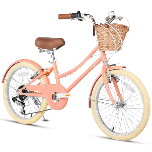 Glerc Missy Bicicleta Híbrida para Niñas de 20 Pulgadas, Bicicleta Urbana para Adolescentes de 6 Velocidades, para Jóvenes de 6, 7, 8, 9, 10, 11 y 12 años, con Cesta de Mimbre, Color Melocotón.