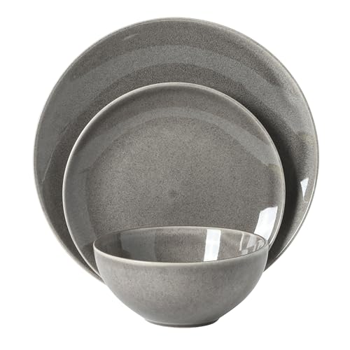 Image of Gibson Elite Castle Peak Plates and Bowls Set, 12-Piece Dinnerware Set, Grey Reactive Glaze Stoneware Dishes, Dinner Plates, Salad Plates & Cereal Bowls