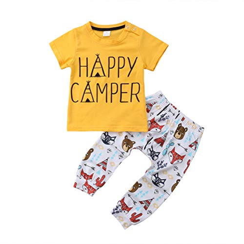 Image of Toddler Newborn Baby Boy Girl Happy Camper Short Sleeve T-Shirt Top+Animal Printed Pant 2Pcs Outfit Set (Yellow, 6-12m)
