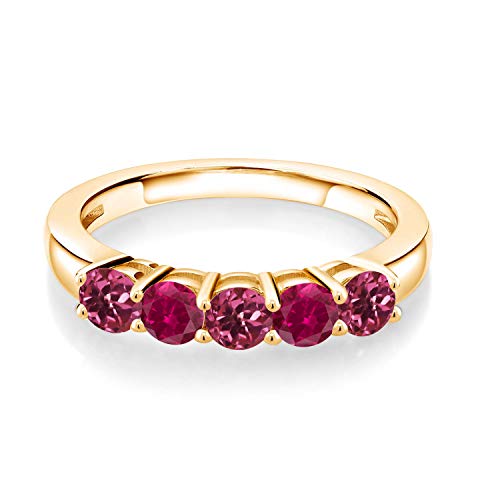 Gem Stone King 18K Yellow Gold Plated Silver Pink Tourmaline and Red Created Ruby Wedding Band Ring For Women (0.95 Cttw, Round 3.5MM, Gemstone October Birthstone, Available In Size 5, 6, 7, 8, 9)2