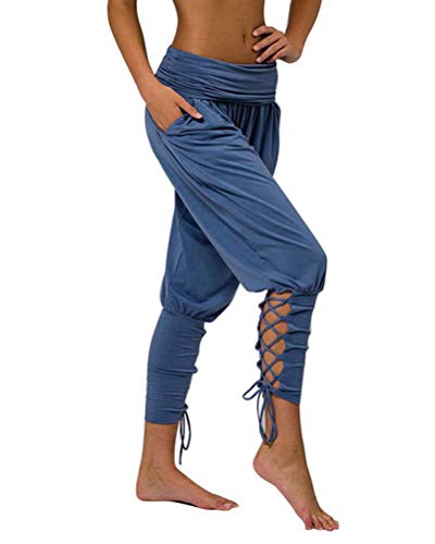 ORANDESIGNE Femme Pantalon Fluide Culotte Bouffante Elastique Yoga Aladin Harem Pantalon Sarouel Mode Casual A Bleu XL