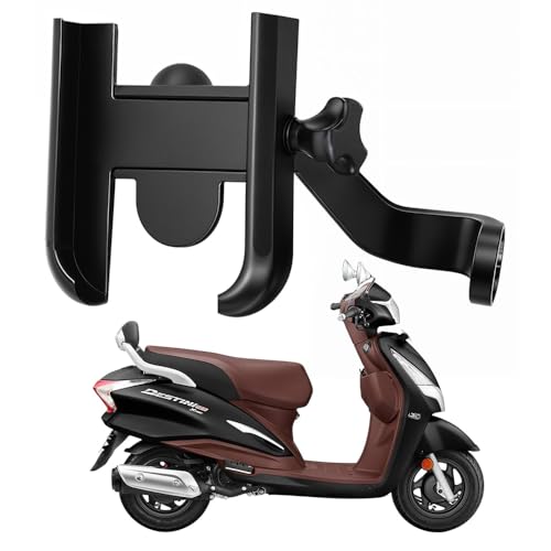 Image of Metal CNC Mobile Holder for Scooter, Scooty & Motorcycle Compatible for Hero Destini 125, Mirror Mount, 360 Rotation, Strong Anti-Slip Grip, Wide Adjustable Fit for All Smartphones (Black)