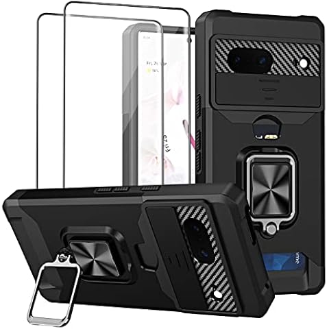 Jusy Wallet Case for Google Pixel 7 & 2 Screen Protectors, with Sliding Camera Cover, Card Holder Slot and Magnetic Kickstand, Heavy Duty Case Military Grade Cover (Black) Cover