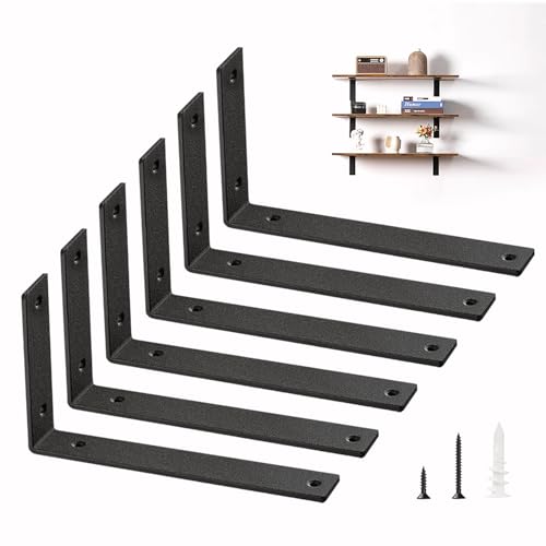Shelf Brackets Heavy Duty 14 Inch Black L Brackets for Shelves 6 Pack 5mm Thick Wall Mounting Floating Metal Iron Shelf Support for Wood with Screw