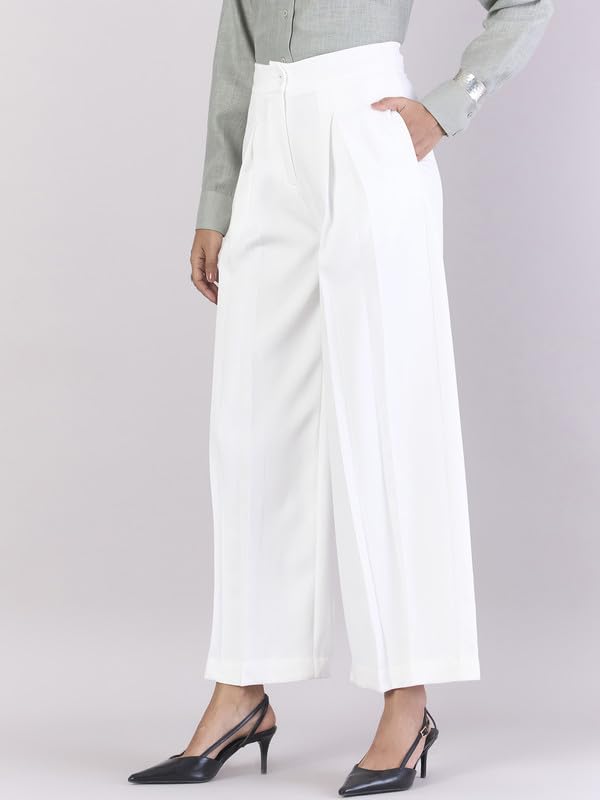 White Trouser Pants for Women | Solid | Formal Office Wear | High Waist | Pleated | Straight Fit | Side Pockets3