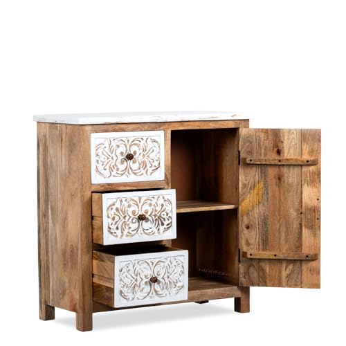Image of Jika Wooden Sideboard Cabinet for Living Room | Carved Wooden Storage Cabinet for Home with Multiple Drawers | Handcrafted Solid Wood Cabinet for Storage Furniture for Home | White Distress