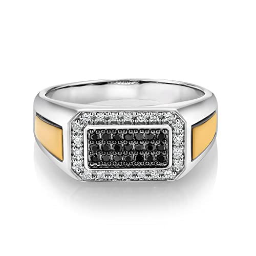 Gem Stone King Men's 925 Sterling Silver and 10K Yellow Gold Black Diamond and White Lab Grown Diamond Ring For Men | 0.40 Cttw | 9.5MM Width | Available in Size 7,8,9,10,11,12,13