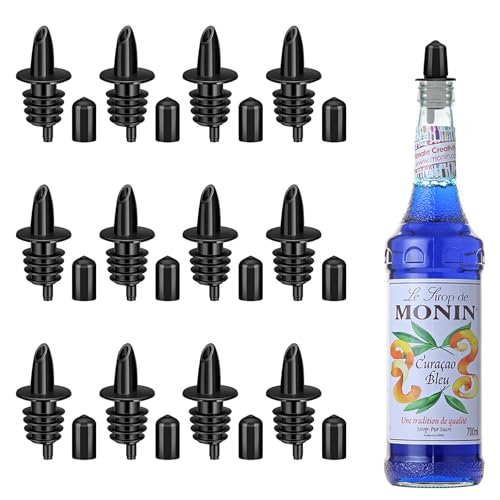 12 PCS Bottle Pourers And 12 PCS rubber pourers dust cap covers Syrup Pourer Pour Spouts Plastic Liquor Bottle Pourers with Rubber Pourers Dust Cap Covers Bottle Pourers (black)