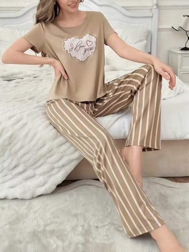 Image of Women's 2-Piece Pajama Set - Short Sleeve Top & Pants Lounge Set, Soft Breathable Sleepwear Night Suit for Women